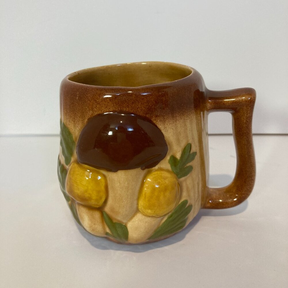 Vintage Arnel's Pottery Ceramic Mushrooms Coffee Mug Cup Signed 1980's Tan Brown